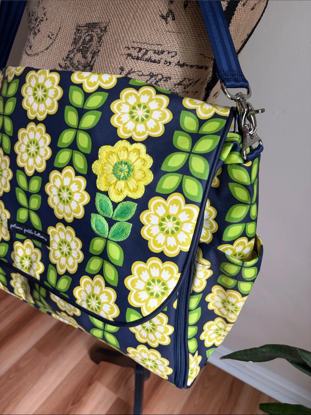 Petunia Pickle Bottom Boxy Convertible Diaper Bag Floral Navy Yellow